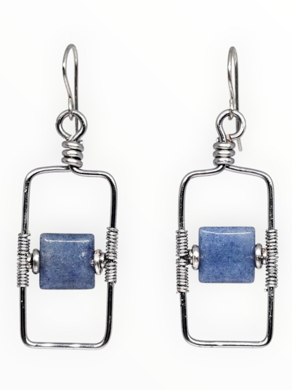 Handmade Blue Aventurine Square Gemstone Silver Geometric Boho Dangle Earrings